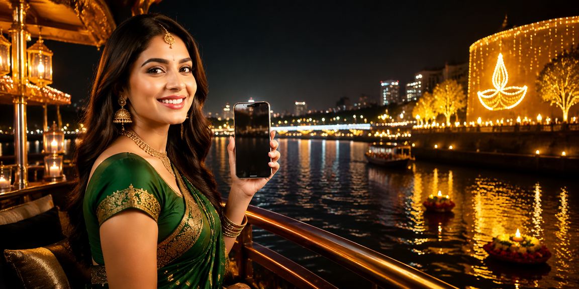 Evening view of Ahmedabad Riverfront with mobile betting in saree