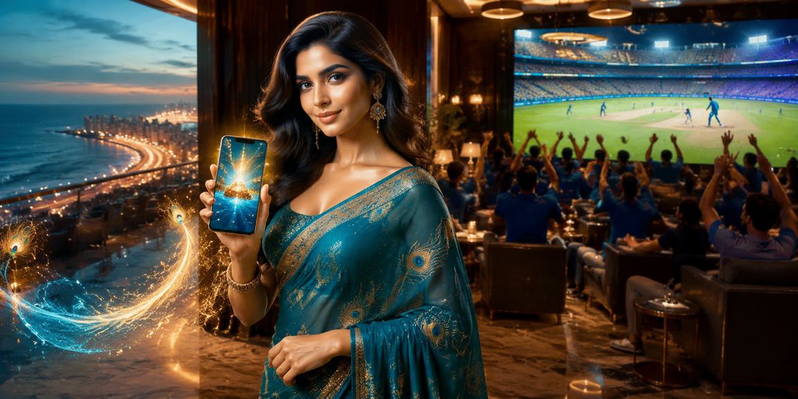 Indian woman enjoying cricket betting in traditional attire