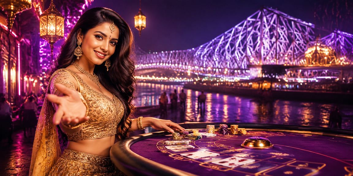 Howrah Bridge in Kolkata evening with casino ambiance